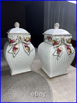Vintage Royal Albert Porcelain Old Country Roses Basketweave Cookie Jars with Lid