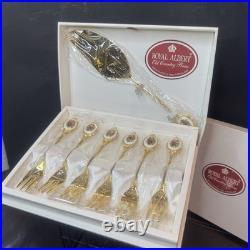Vtg New Royal Albert Old Country Roses 6 Gold Plated forks 1 cake server Set