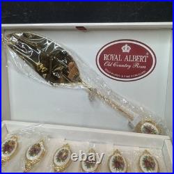 Vtg New Royal Albert Old Country Roses 6 Gold Plated forks 1 cake server Set