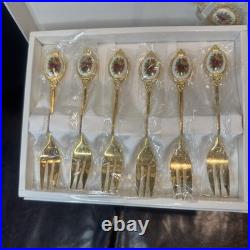 Vtg New Royal Albert Old Country Roses 6 Gold Plated forks 1 cake server Set