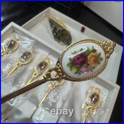 Vtg New Royal Albert Old Country Roses 6 Gold Plated forks 1 cake server Set