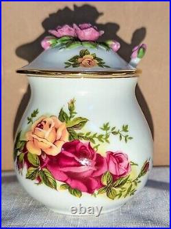 Vtg Royal Albert OLD COUNTRY ROSES Jam Jar Pot, Lid & Spoon RARE New in Box 1987